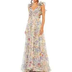 Mac Duggal Ruffle Tiered Cut-out Chiffon Gown